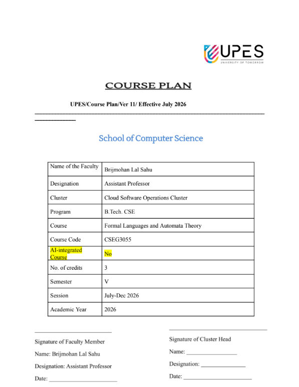 Course Content, Formal Languages and Automata Theory