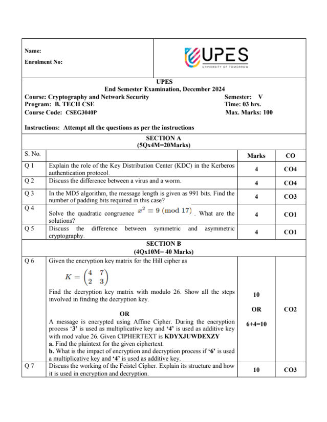 End-Sem 2024(Dec)[CSE], Cryptography and Network Security