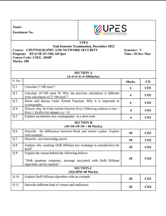 End-Sem 2023(Dec)[CSE], Cryptography and Network Security