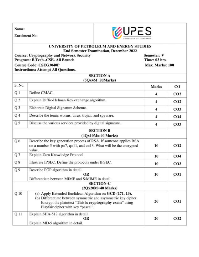 End-Sem 2022(Dec)[CSE], Cryptography and Network Security