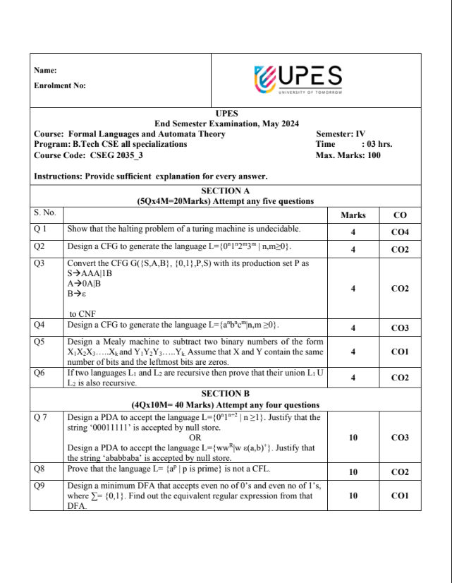 End-Sem 2024(May)[CSE], Formal Languages and Automata Theory
