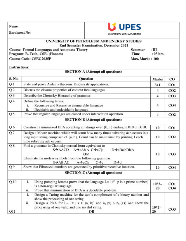 End-Sem 2021(Dec)[CSE], Formal Languages and Automata Theory