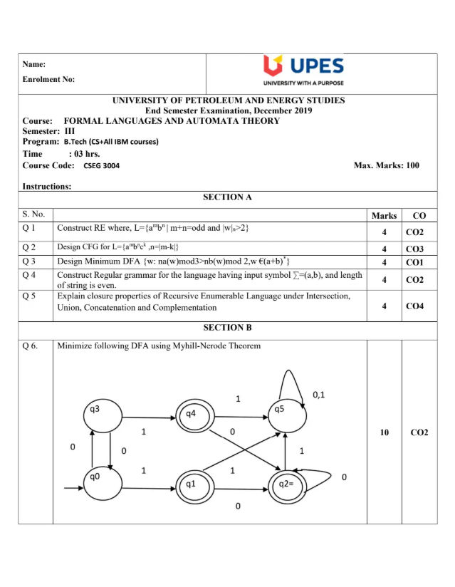 End-Sem 2019(Dec)[CSE], Formal Languages and Automata Theory