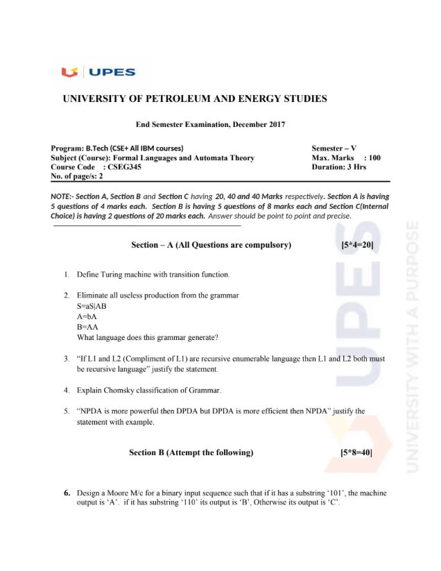 End-Sem 2017(Dec)[CSE], Formal Languages and Automata Theory