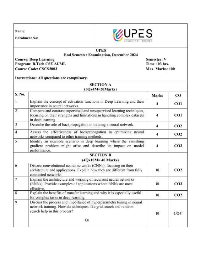 End-Sem 2024(Dec)[CSE], Deep Learning