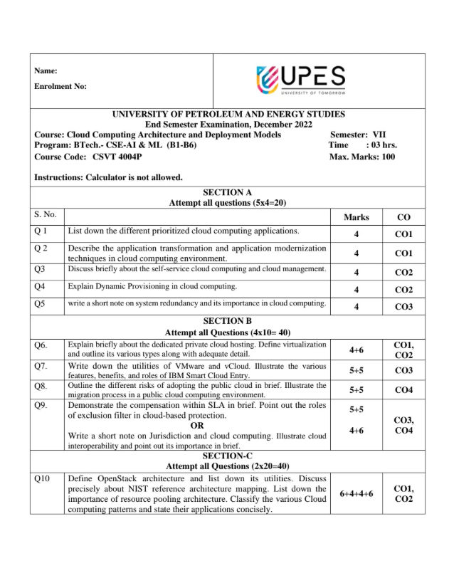 End-Sem 2022(Dec)[CSE], Cloud Computing Architecture and Deployment Models