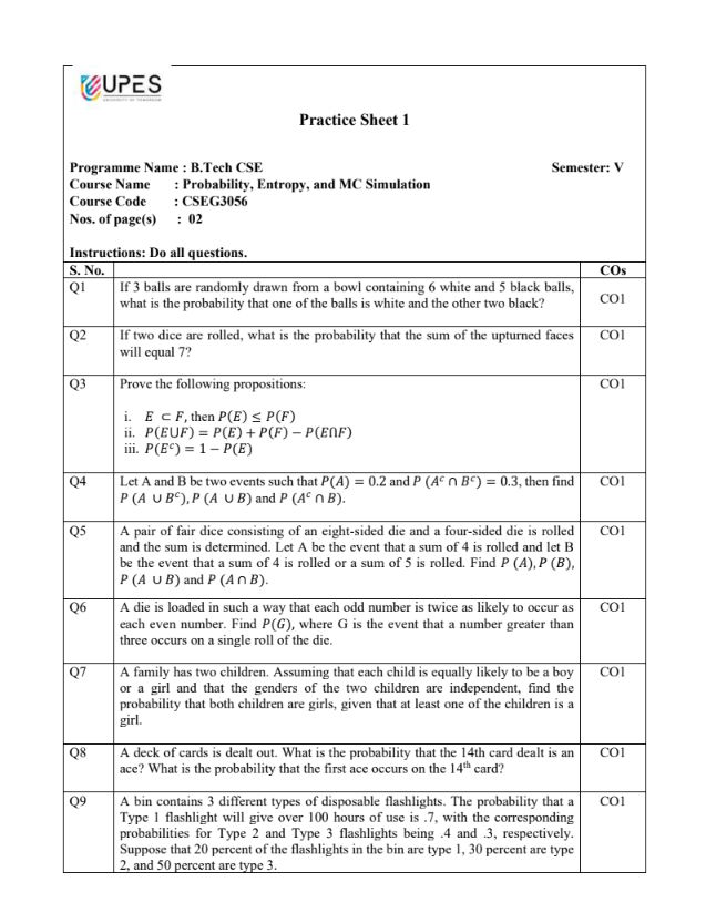 Practise Sheet 1, Probability, Entropy, and MC Simulation