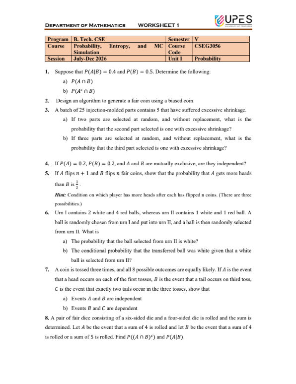 WorkSheet 1, Probability, Entropy, and MC Simulation