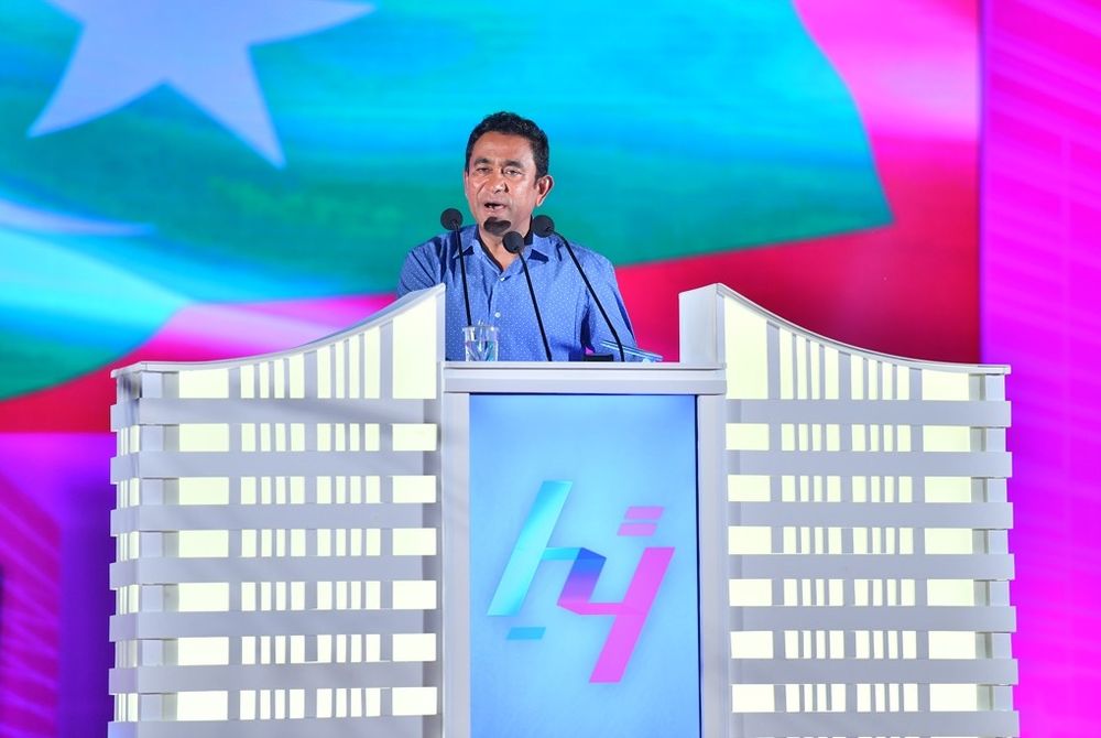 Incumbent President Abdulla Yameen speaking at an event to launch the state-built flats in phase II of Hulhumalé, the capital city\'s urban extension