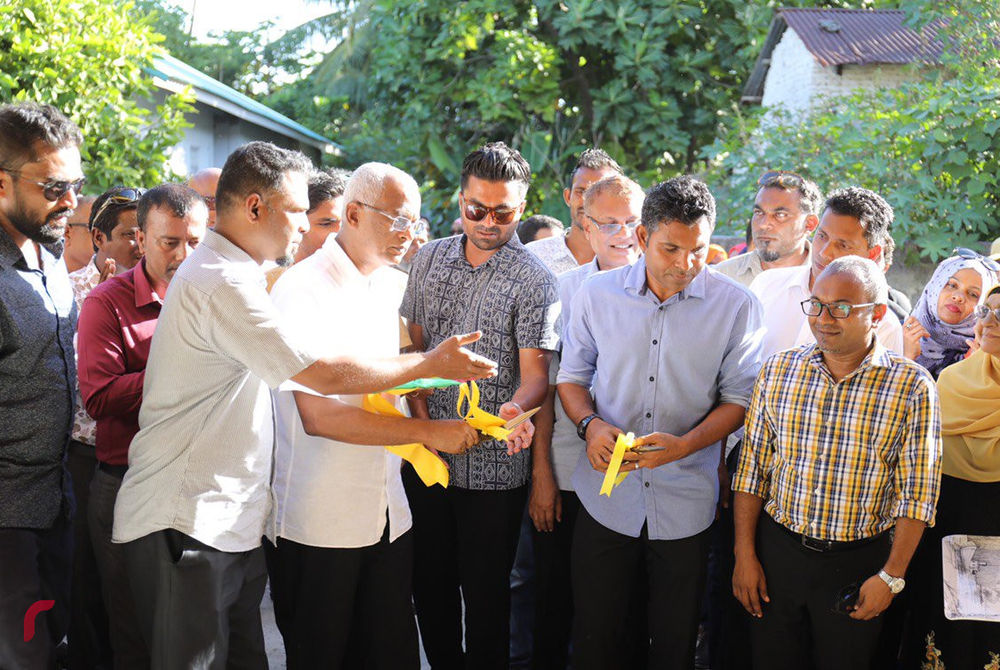 Opposition coalition candidate Solih and running mate Faisal open an MDP campaign site in Maradhoo