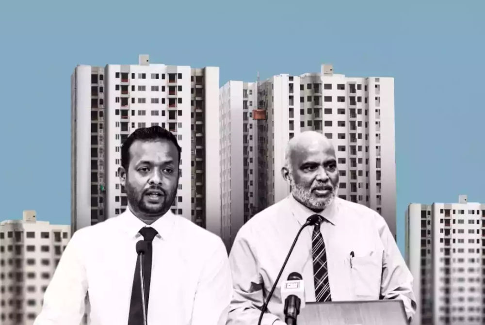 Former Housing Minister Haidar (R) and current Minister Muththalib (L) stated that 4,000 flats allocated in Hulhumalé under the housing scheme have been constructed, but they have not yet been handed over.