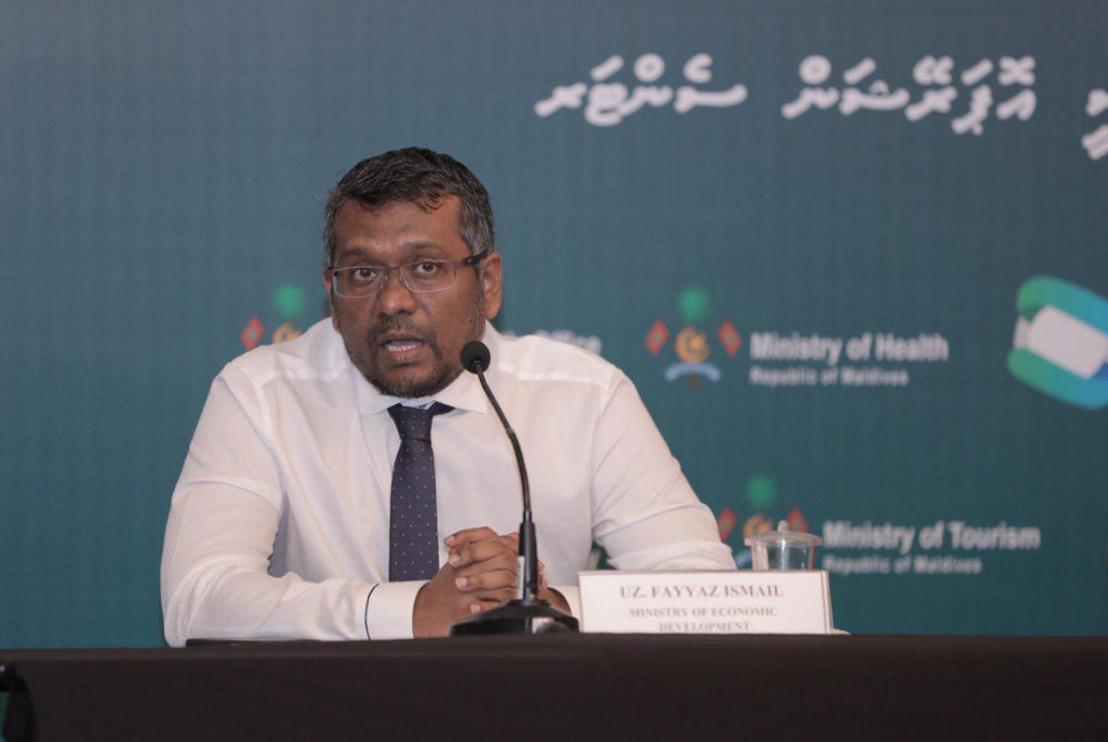 Minister of Economic Development Fayyaz Ismail speaking at an HEOC press conference