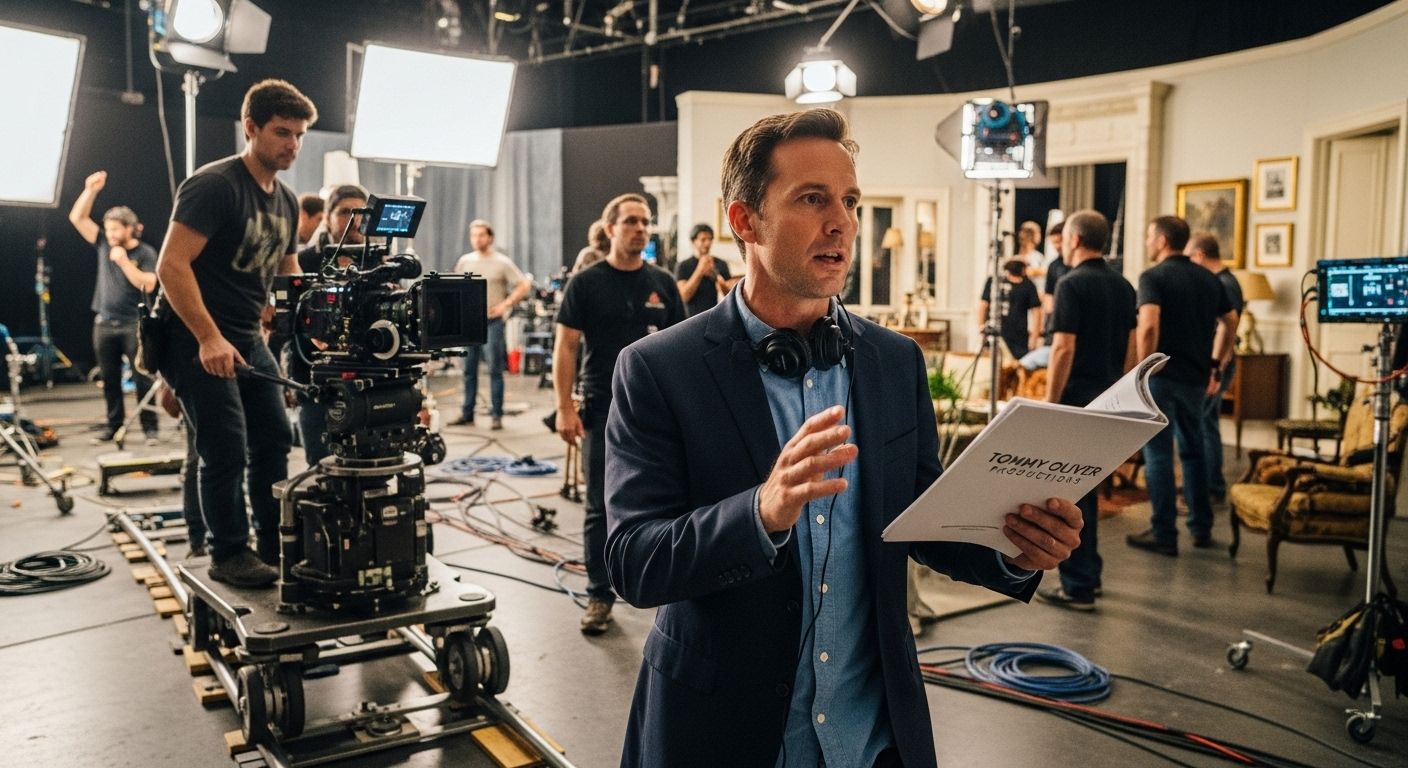 tommy oliver producer on set directing a scene with crew