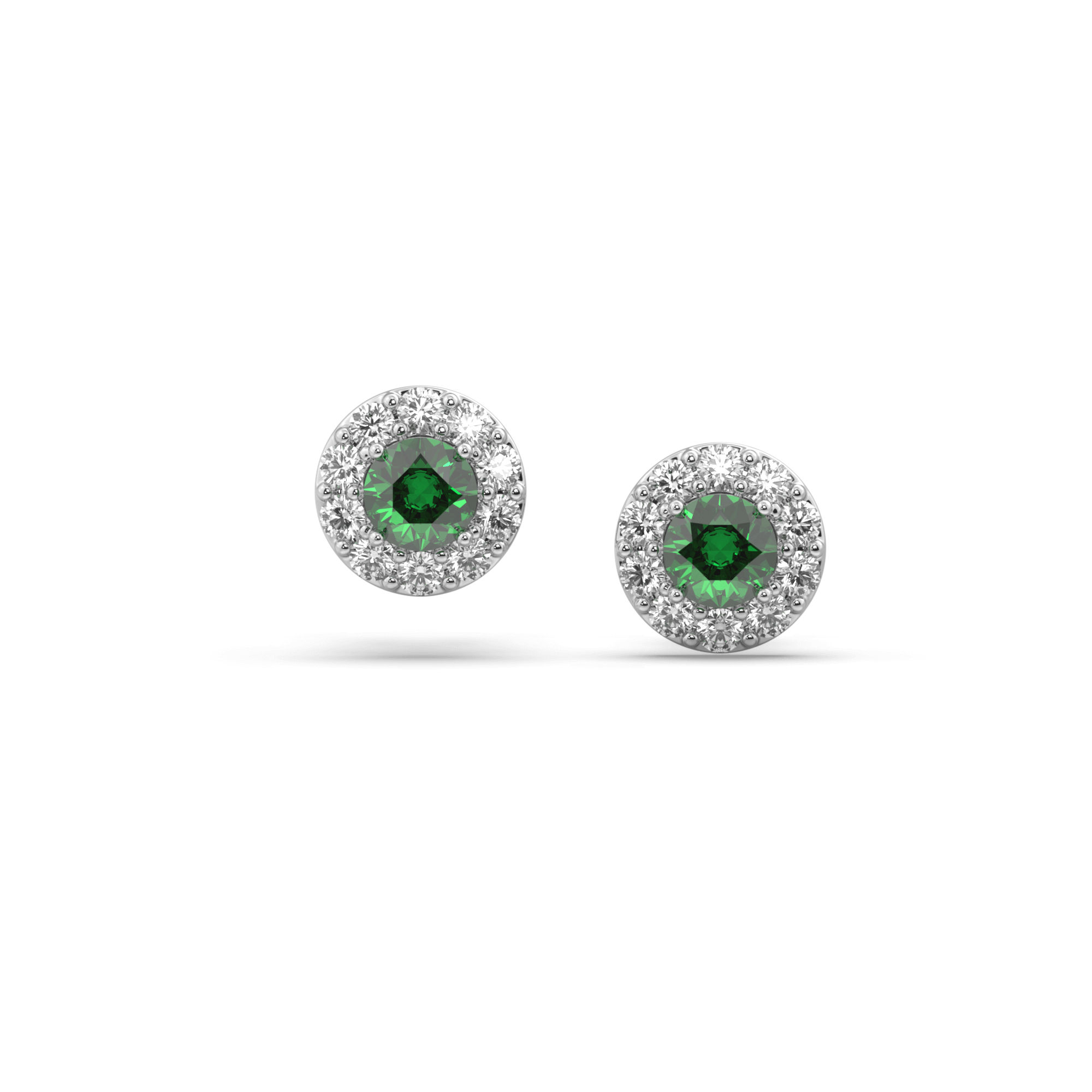 Green Emerald Round  Diamond Halo Stud Earrings 