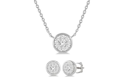 1/2 Ctw 14K White Gold Round Cut Diamond Bezel Earring and Necklace Set