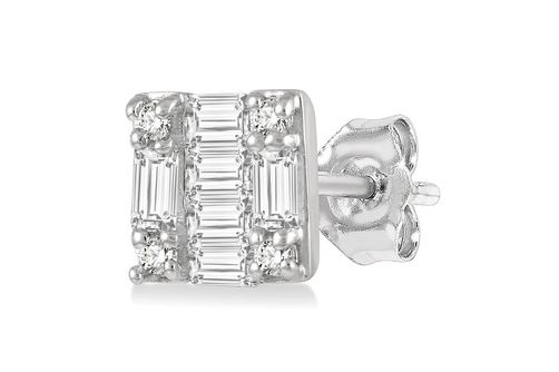 1/6 Ctw Square Shape Baguette and Round Cut Diamond Petite Fashion Earring in 10K White Gold.