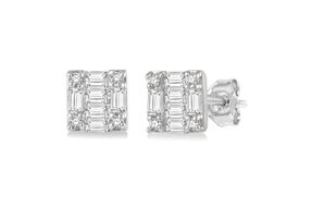 1/6 Ctw Square Shape Baguette and Round Cut Diamond Petite Fashion Earring in 10K White Gold.