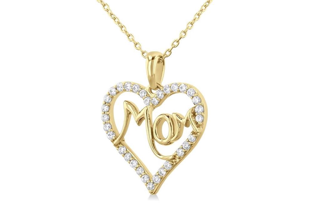 1/4 ctw 'MOM' Heart Frame Round Cut Diamond Fashion Pendant With Chain in 10K Yellow Gold