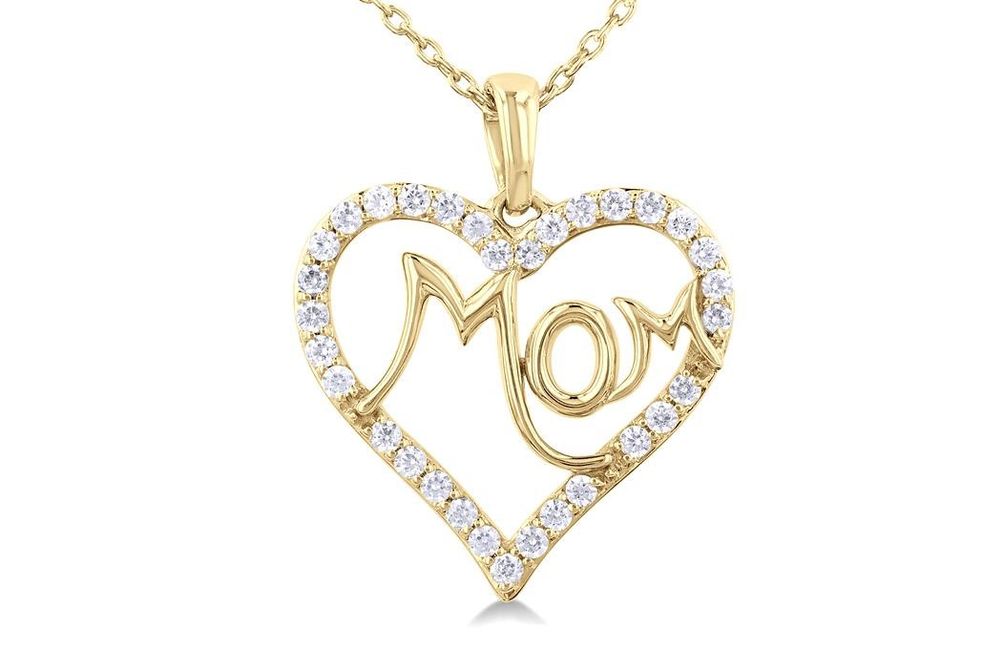 1/4 ctw 'MOM' Heart Frame Round Cut Diamond Fashion Pendant With Chain in 10K Yellow Gold