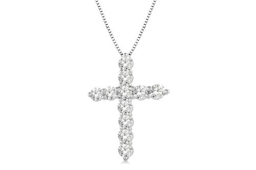 1 Ctw Round Cut Lab Grown Diamond Cross Pendant in 10K White Gold with Chain