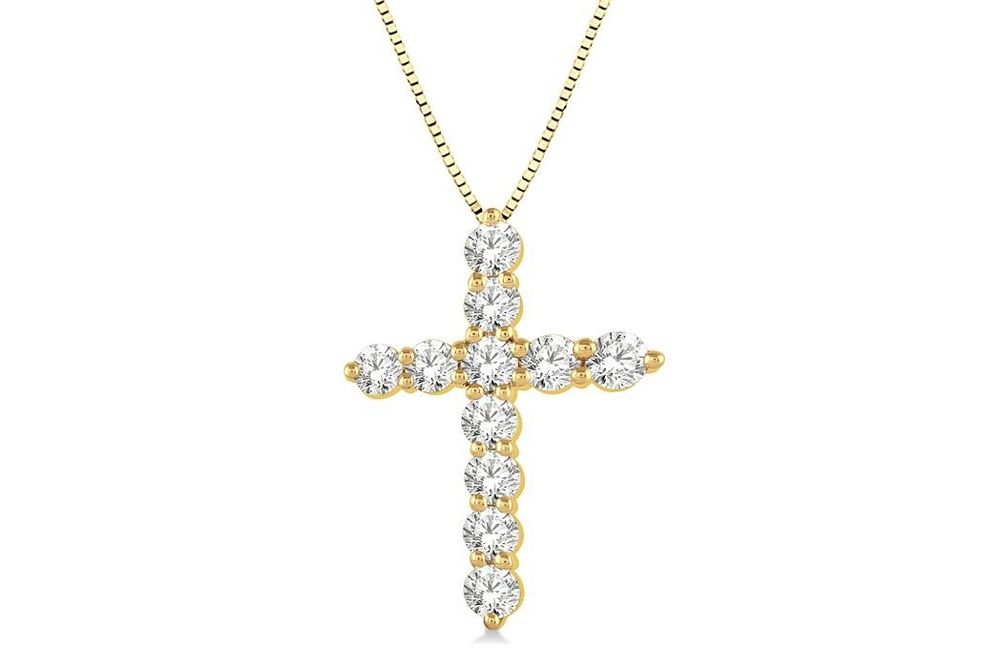 1 Ctw Round Cut Lab Grown Diamond Cross Pendant in 10K Yellow Gold with Chain