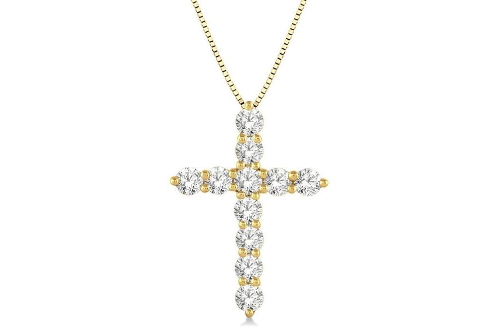 1 Ctw Round Cut Lab Grown Diamond Cross Pendant in 10K Yellow Gold with Chain