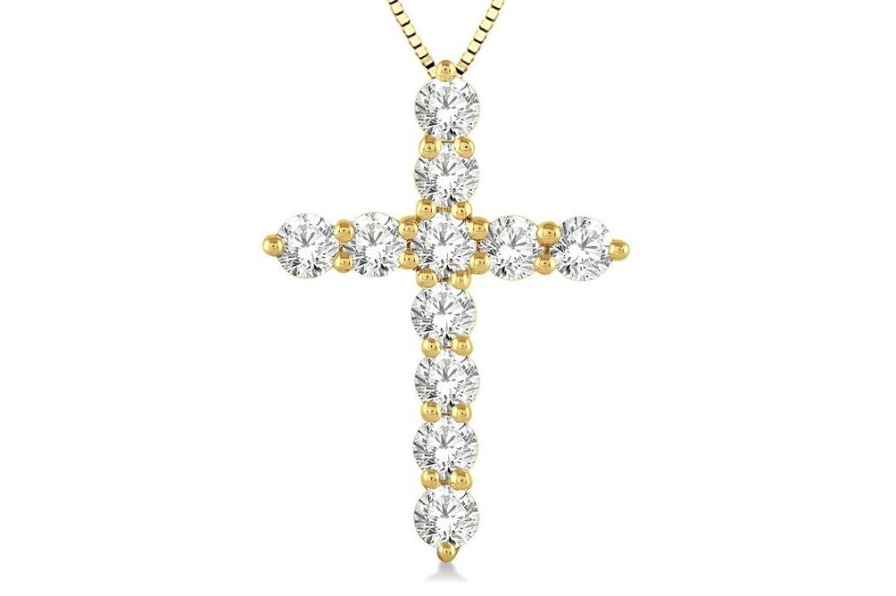 1 Ctw Round Cut Lab Grown Diamond Cross Pendant in 10K Yellow Gold with Chain