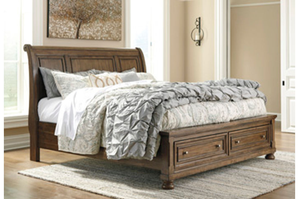 Flynnter California King Sleigh Bed with 2 Storage Drawers-Medium Brown