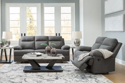 Rent-To-Own Signature Design by Ashley 2-Piece Side-Swipe Reclining Sofa \u0026  Loveseat Charcoal | Rent-A-Center, image size:2000x2000