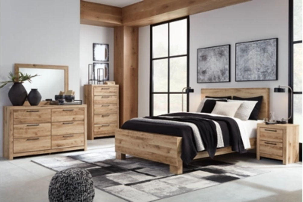 Hyanna King Panel Bed, Dresser, Mirror, and Nightstand-Tan Brown
