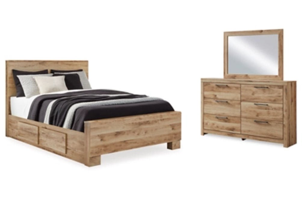 Hyanna Queen Panel Bed with 2 Side Storage, Dresser and Mirror-Tan Brown