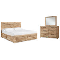 Hyanna Queen Panel Storage Bed with 2 Side Storage, Dresser and Mirror-Tan Brow