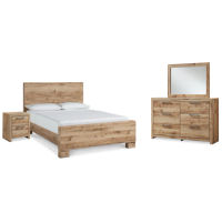 Hyanna King Panel Bed, Dresser, Mirror, and Nightstand-Tan Brown