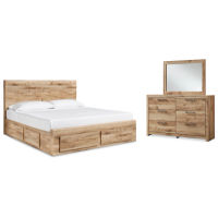 Hyanna King Panel Storage Bed with 1 Side Storage, Dresser and Mirror-Tan Brown