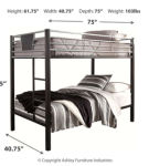 Dinsmore Twin over Twin Bunk Bed, 2 Mattresses, and 2 Pillows-Black/Gray