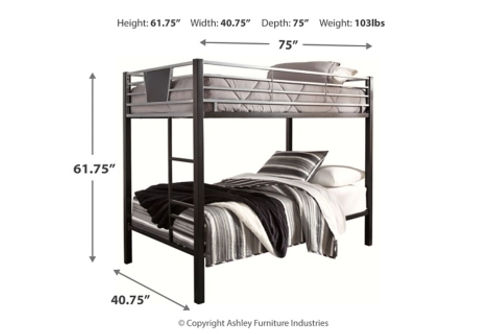 Dinsmore Twin over Twin Bunk Bed, 2 Mattresses, and 2 Pillows-Black/Gray