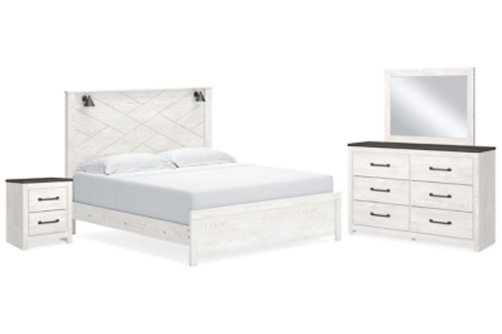 Gerridan King Panel Bed, Dresser, Mirror and Nightstand-White/Gray