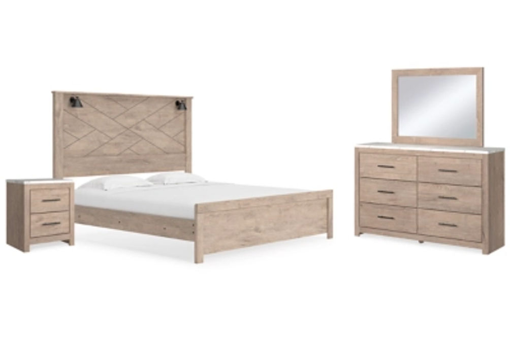 Senniberg King Panel Bed, Dresser, Mirror, and Nightstand-Light Brown/White