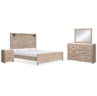 Senniberg King Panel Bed, Dresser, Mirror, and Nightstand-Light Brown/White