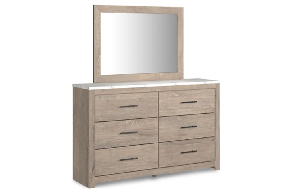 Senniberg King Panel Bed, Dresser, Mirror, and Nightstand-Light Brown/White