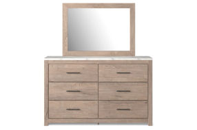 Senniberg Queen Panel Bed, Dresser, Mirror, and Nightstand-Light Brown/White