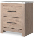 Senniberg King Panel Bed, Dresser, Mirror, and Nightstand-Light Brown/White