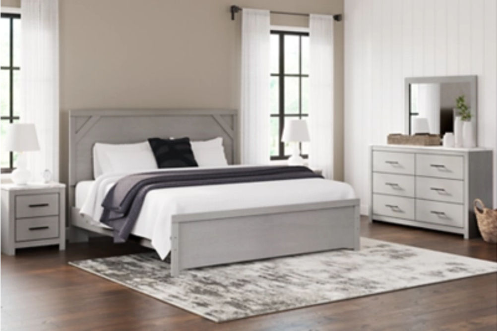 Cottonburg King Panel Bed, Dresser, Mirror and Nightstand-Light Gray/White