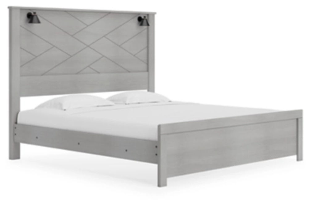 Cottonburg King Panel Bed, Dresser, Mirror, and Nightstand-Light Gray/White