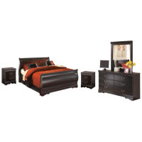 Huey Vineyard Queen Sleigh Bed with Mirrored Dresser and 2 Nightstands-Black