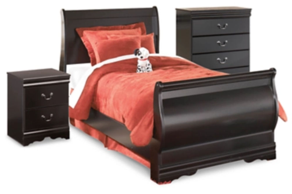 Huey Vineyard Twin Sleigh Bed with Chest of Drawers and Nightstand-Black