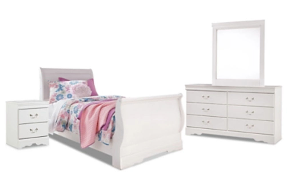 Anarasia Twin Sleigh Bed, Dresser, Mirror and Nightstand-White