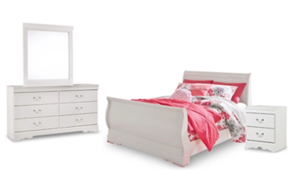 Anarasia Full Sleigh Bed with Dresser, Mirror and Nightstand-White