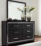 Kaydell Queen Upholstered Panel Bed, Dresser, Mirror and Chest-Black