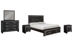 Kaydell Queen Upholstered Panel Storage Bed, Dresser, Mirror and 2 Nightstands